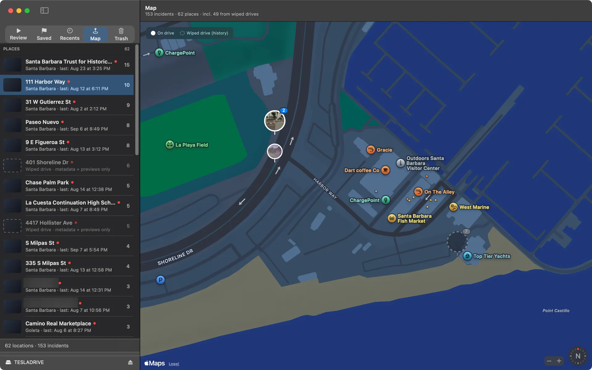 Curbwatch's Map view. A list of places runs down the left, each with a count of events. On the right, a map of a waterfront street has two photo pins where events were recorded.