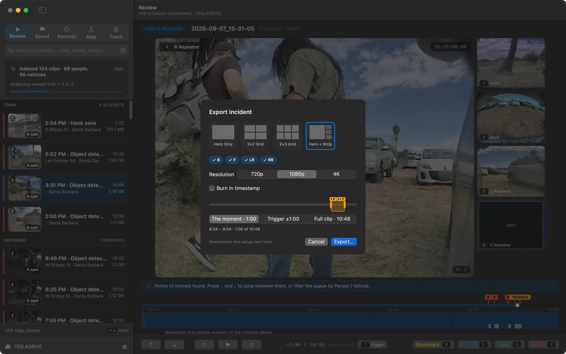 Curbwatch's Export sheet over a paused event. It offers four layouts, from one camera to a grid of all of them, a switch for each camera, three resolutions, and a choice of how much to export: the moment, a minute either side of the trigger, or the full clip.