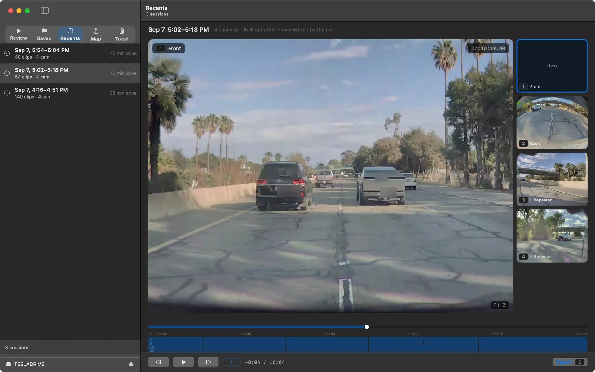 Curbwatch's Recents view. Three drives from one afternoon are listed on the left by start and end time. The selected 16-minute drive plays on the right from the front camera, with the rear and side cameras in a strip beside it.